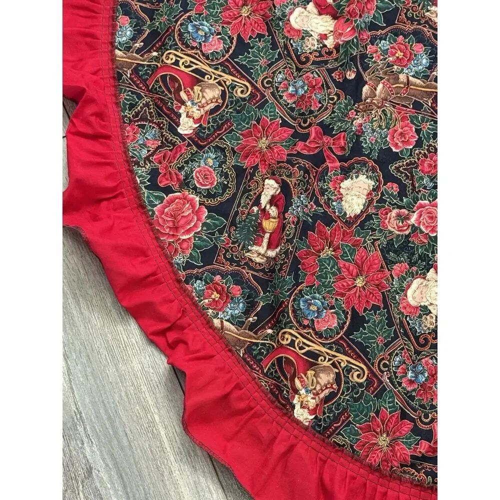 Vintage Christmas Skirt Tablecloth Round Ruffle Cotton 45” Red Print Victorian